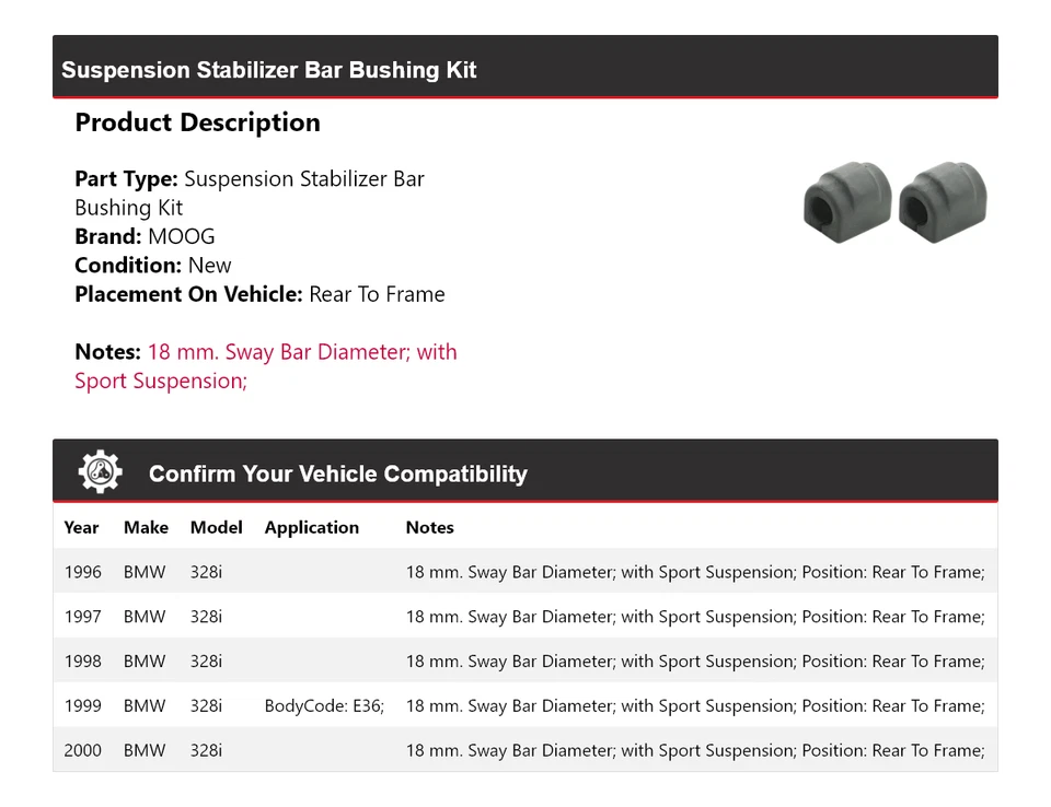 Kit de buje de barra estabilizadora de suspensión trasera a cuadro MOOG para BMW 328i 1996-2000 Foto 2 de 3