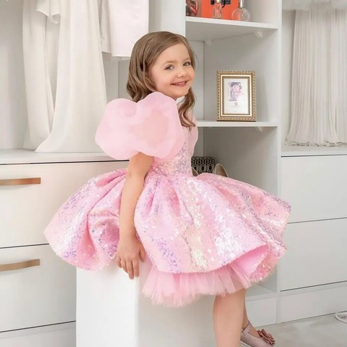 Glitter Flower Dress Ruffles Short Sleeves Scoop Neck Cute Party Kids Girl Dress - Picture 14 of 17