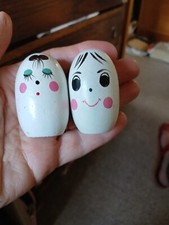 Vintage 1960s Hand Painted Wooden Cruet, Charming Faces, Japanese ?