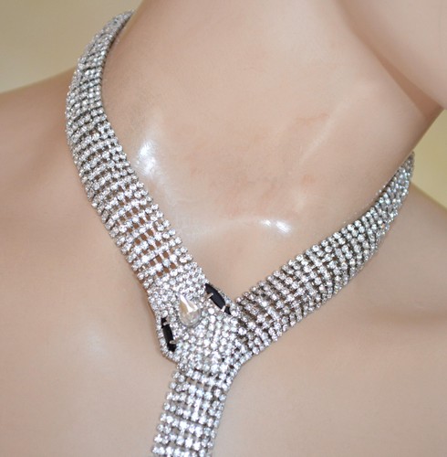 Collana donna girocollo serpente collier semi rigido strass cristalli neri UX39 - Foto 4 di 7