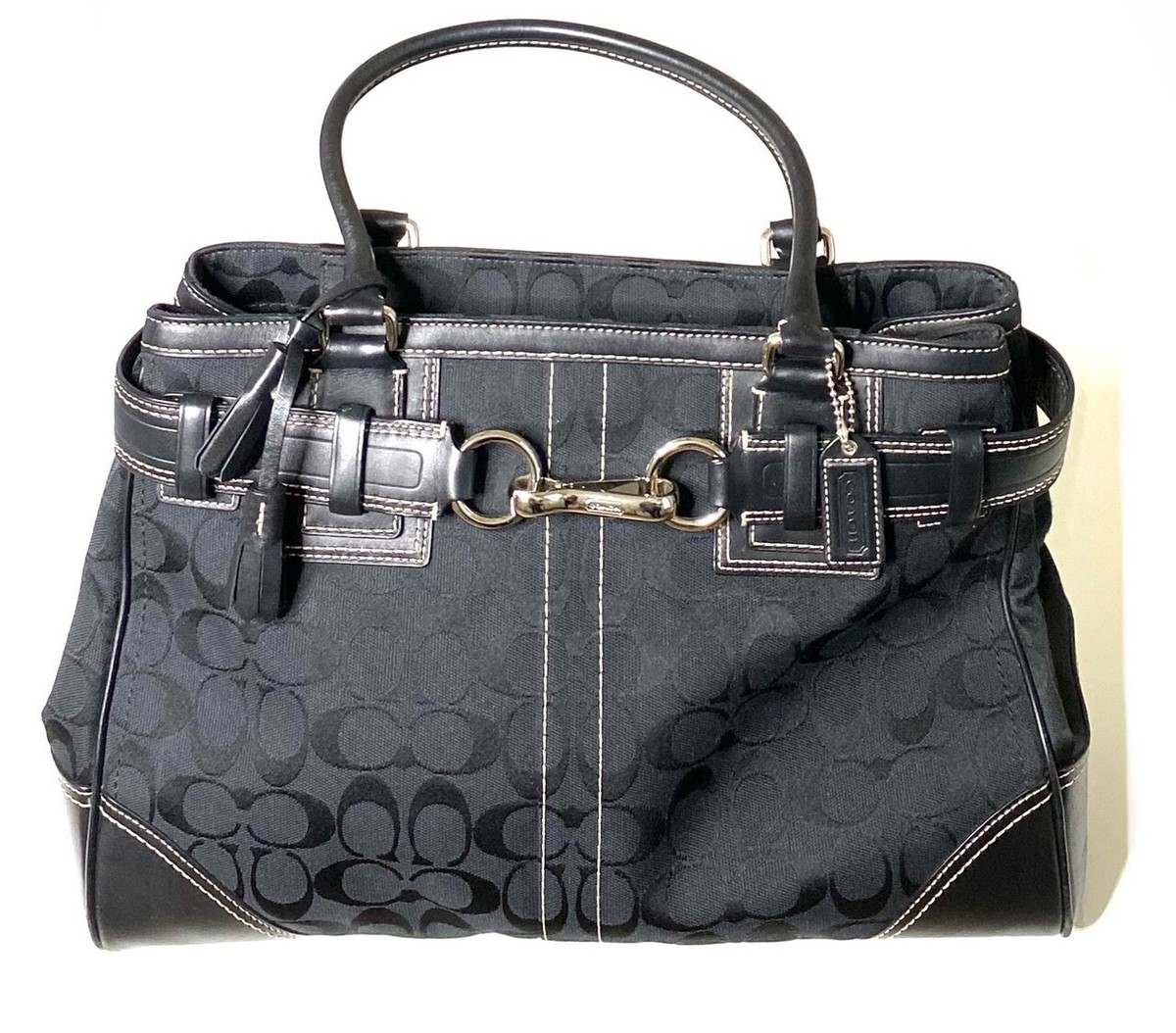 COACH Black CC Canvas Logo Leather Hamptons Tote Satchel Top