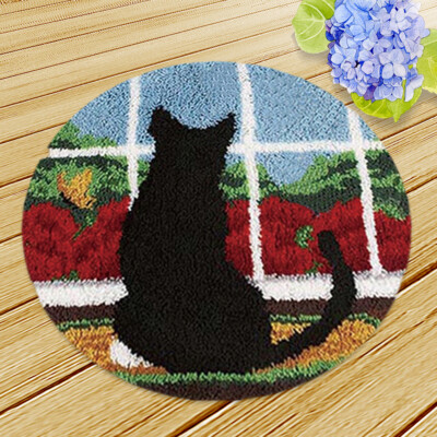 DIY Knüpfteppich-Set – 50x50 Cm, Mit Häkelnadel & Garn | Motiv: Katze Mit Regenschirm | Für Anfänger & Erwachsene