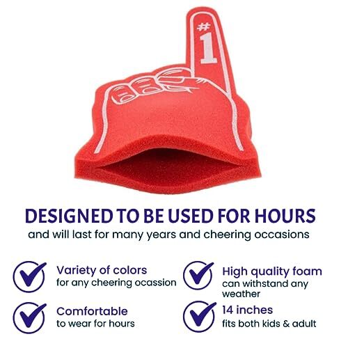 Giant #1 Foam Finger - 18 Inch Big Hand For Sports Games, Cheerleading, Parties - Multiple Colors