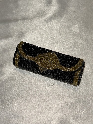 Vintage Perlen Lippenstift Halter Etui mit Spiegel Schwarz & Gold