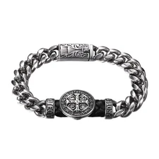 Men's Catholic St Benedict Medal Bracelet Stainless Steel Heavy Cuban Link Chain