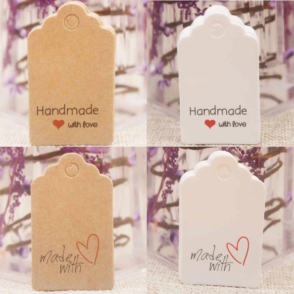 MARKENLOS 10 - 200 Preisschilder Etiketten Handmade with Love Handgemacht Weiß / Braun