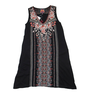 NWT Johnny Was Calida Yoke Tank Tunic in Black Embroidered T-Shirt Dress S