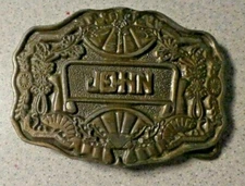 Vintage Oden Inc. Name JOHN BELT BUCKLE Embossed Scrolled Metal Art