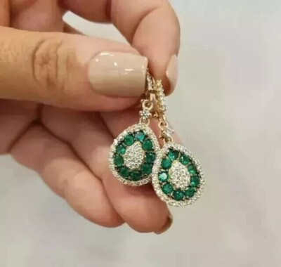 2Ct Round Cut Simulated Emerald Drop Dangle Earrings 14k Yellow Gold Plated