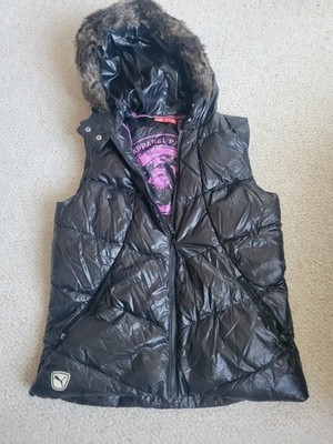 Women's PUMA Black Puffer Vest with Faux Fur Hoodie L