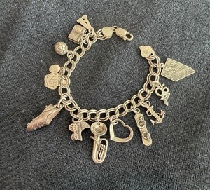 STERLING SLVR 925 BRACELET dbl link 7” l w 12 Charms: DISNEY BIBLE Sports Heart