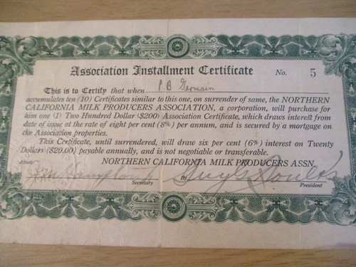 VTG 1921 MEMBERSHIP Certificate Lot~NORTHERN CALIFORNIA MILK PRODUCERS ASS INC~ - Picture 7 of 11