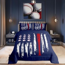 Castle Fairy Kids Baseball Gaming Comforter Set Twin Size Navy Blue Bedding for
