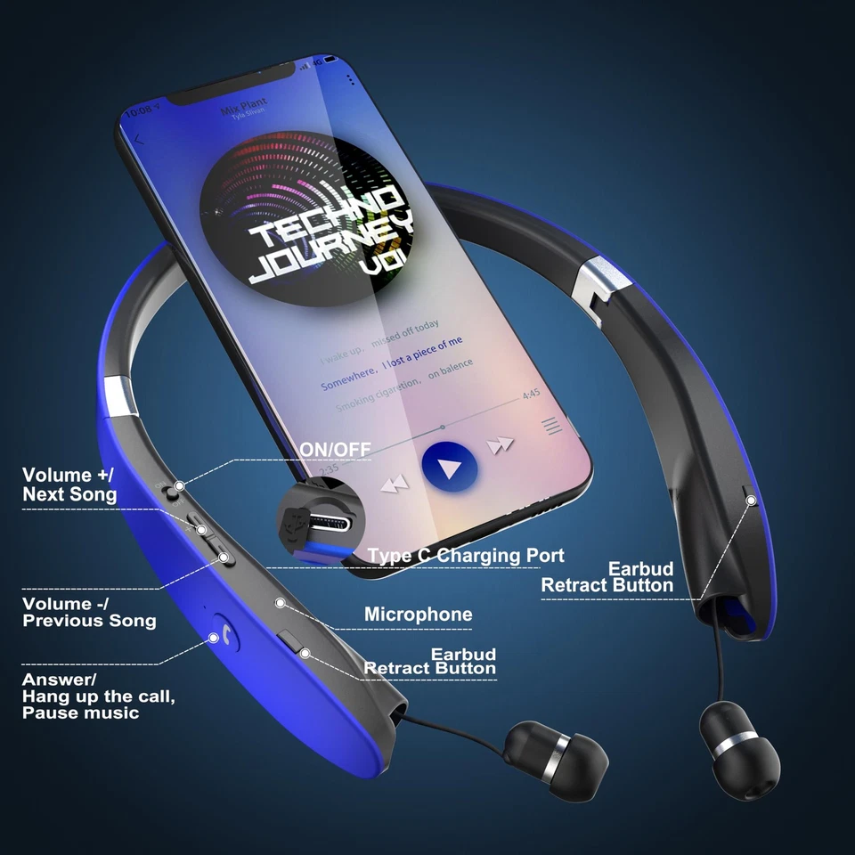 Foldable Bluetooth Headphones Wireless Neckband Headset with Retractable Earb... - Image 2 of 4
