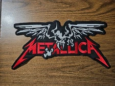 METALLICA + LOGO , SEW ON RED AND WHITE EMBROIDERED LARGE BACK PATCH