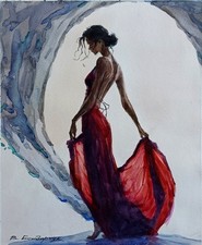 Original watercolor painting. Beautiful girl portrait. Minimalist art