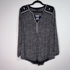 Lucky Brand NWT 1X Black White Boho Embroidered Peasant Top Plus