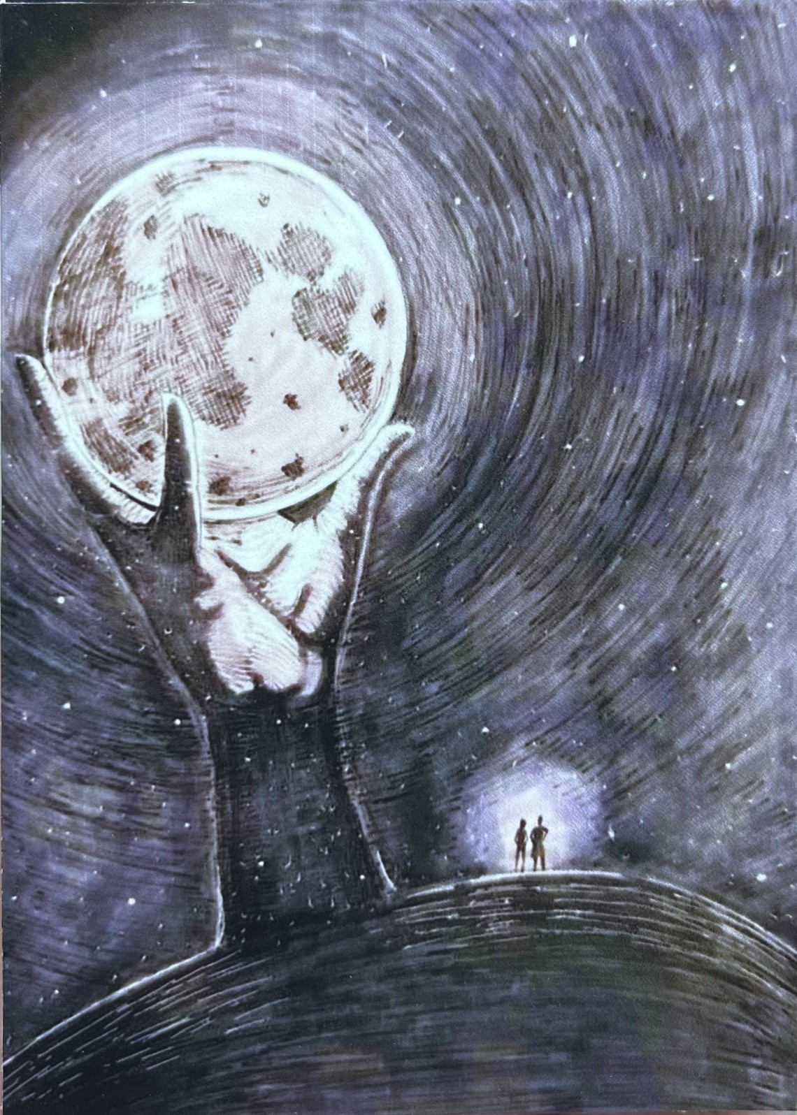 ACEO Original Art Card Moon scape Ink Drawing limited edition Print Ademade-stl