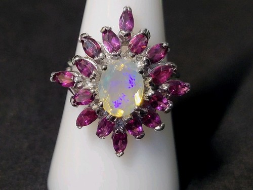 Stunning Natural Fire Opal & Rhodolite 925 Sterling Silver Ring Size 9 0979 - Picture 1 of 7