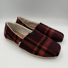 TOMS Alpargata Flats Womens Sz 9 Red Plaid Faux Shearing Lined Slip On Shoes