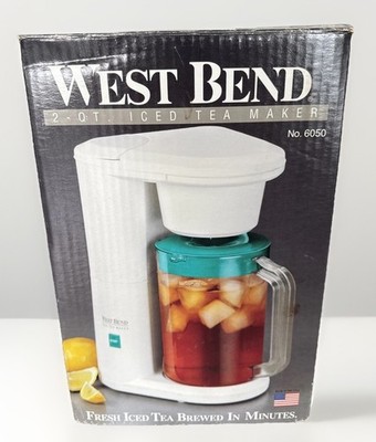 West Bend Iced Tea Maker Electric 2 Qt White Model 6050 Auto Drip Stop Pitcher