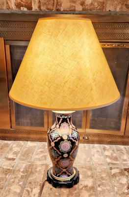 Oriental JC Penny (JCP) Black Porcelain Medallion Vintage Table Lamps