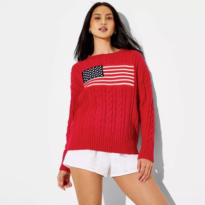 Women Crewneck Americana Flag Pullover Sweater - Wild Fable Berry Red Flags