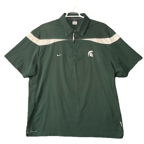 Vintage Nike Michigan State Spartans Polo Shirt 2XL Dri Fit Green White Golf - Afbeelding 2 van 11