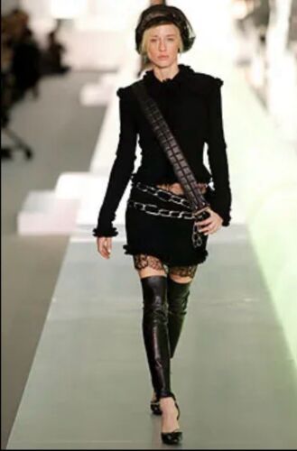 CHANEL 2003 Fall Black Wool Ruffled Trim Boucle Jacket, Skirt & Underskirt Sz 40 - Picture 1 of 13