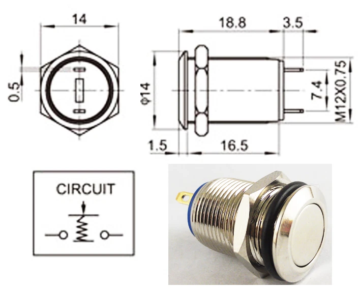 Metal Flat Push Button Momentary Horn Waterproof Resetable Switch 12mm QN12-B1 - Image 2 of 4