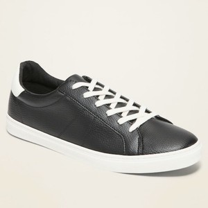 black faux leather sneakers
