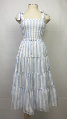 J.Crew Striped Cotton Dress Size XXS Petite Blue & White Nautical Smocked Tiered