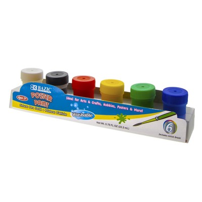 Bazic Products 3930 0.75 fl. oz 6 Color Washable Poster Paint with Brush