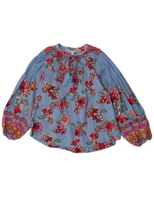Fat Face Womens Long Sleeve Blouse Top UK 8 Small Blue Floral Cotton BB12