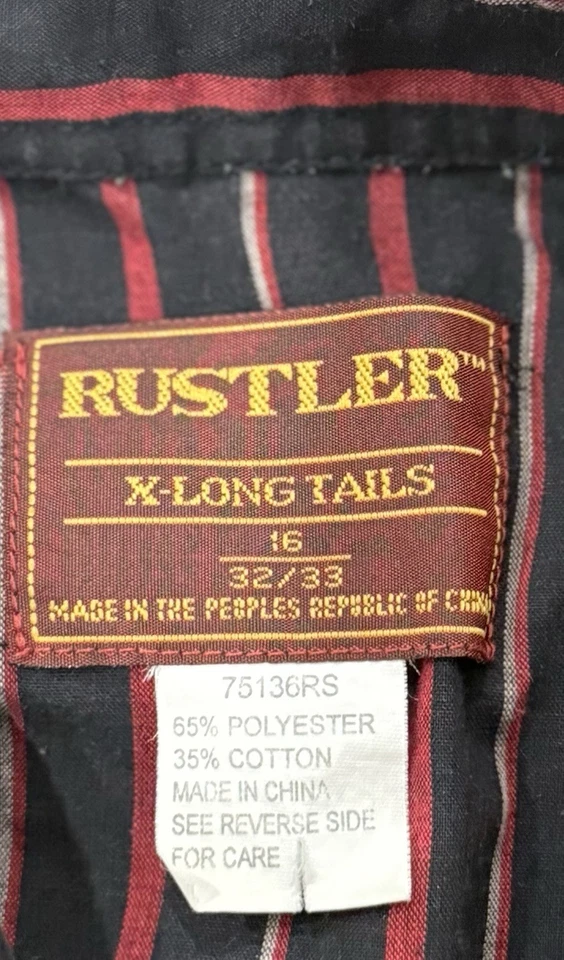 Camisa Vaquera Rustler Western Vintage Colas X Largas 16 32/33 Negra Perla Broches de presión LS Foto 3 de 4