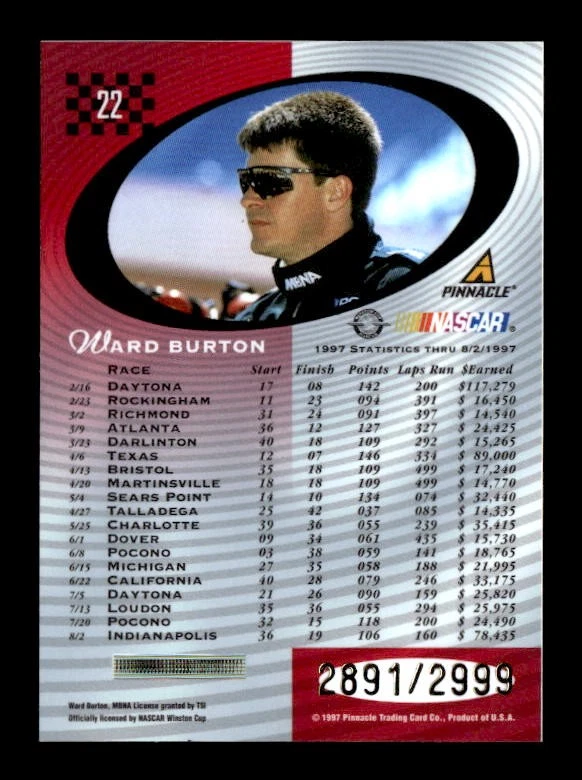 1997 Pinnacle Totally Certified #22 Ward Burton Platinum Red #/2999 - Image 2 of 2