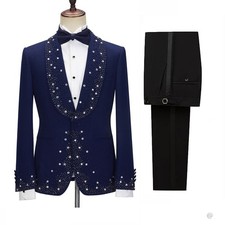 Luxury Appliques Men Suits Wedding Tuxedo Formal Prom Party Office Wear Beading
