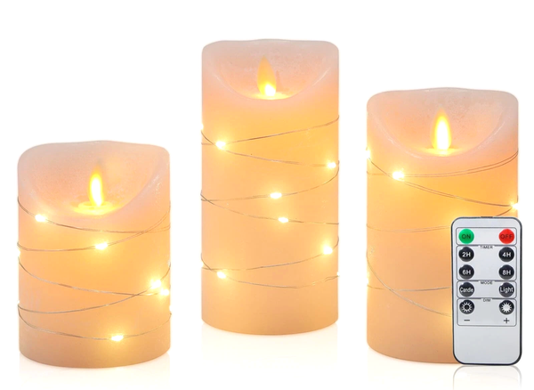 Cclife Led Kerzen 3Er-Set Mit Fernbedienung Timer Paraffinwachs Mit Lichterkette-image