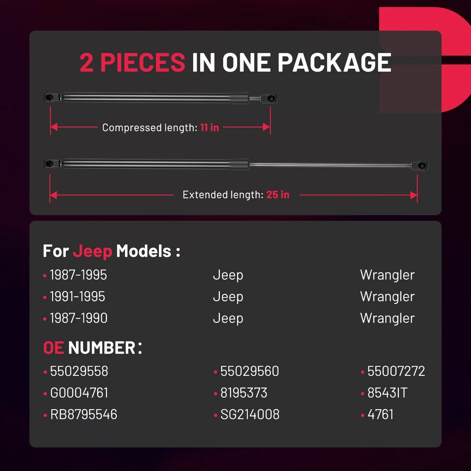 For 1987-1995 Jeep Wrangler 2x Rear Window Glass Lift Supports Shock Struts 4761 Foto 2 de 4