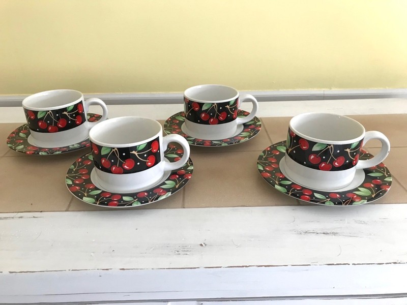 4 Sets of Cups and Saucers Mary Engelbreit At Home Cherries Pattern 1994