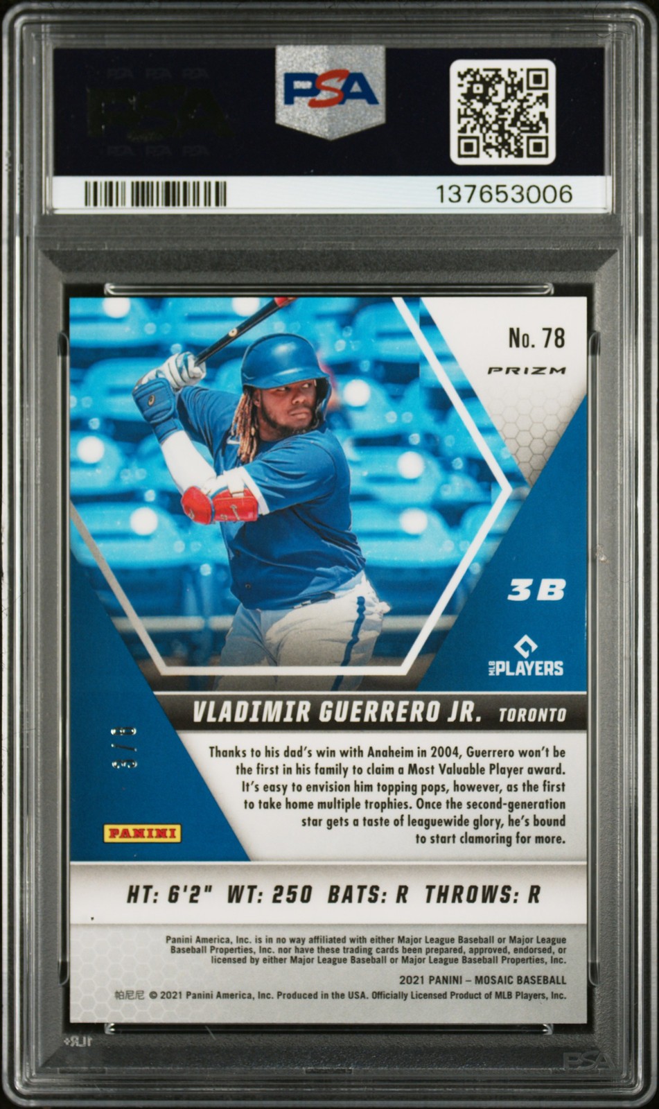 2021 PANINI MOSAIC BLACK GOLD CHOICE #78 VLADIMIR GUERRERO JR. 3/8 PSA 10 view 2