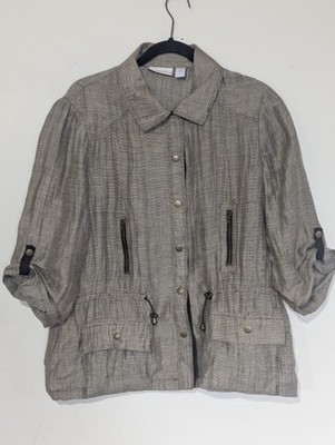 Chicos Women Linen Blend Lightweight Utility Jacket Size 2 (L) Crinkle Layering