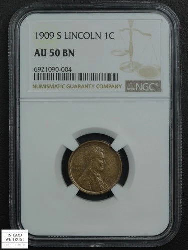 1909 S Lincoln Wheat Copper Cent 1C NGC AU 50 BN (Almost Uncirculated)