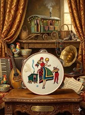 VINTAGE U.S. METAL TOY Co. TIN LITHO SALSA DANCING DUO TAMBOURINE, C. 1950 RARE
