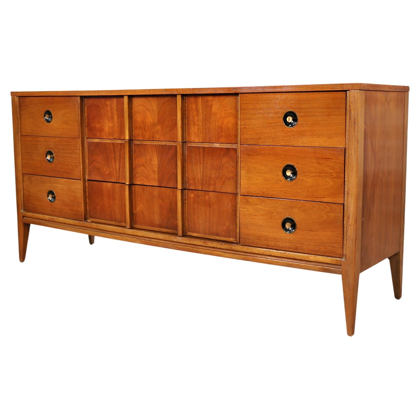 MidCentury Modern Walnut Triple Dresser & Mirror Bedroom Set Stanley