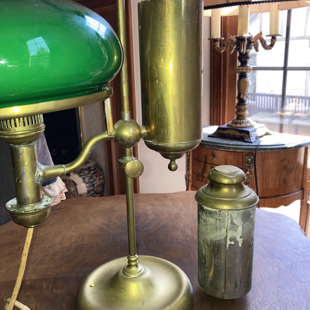 Antique 1870s German Student Lamp Co. With Green Glass Shade