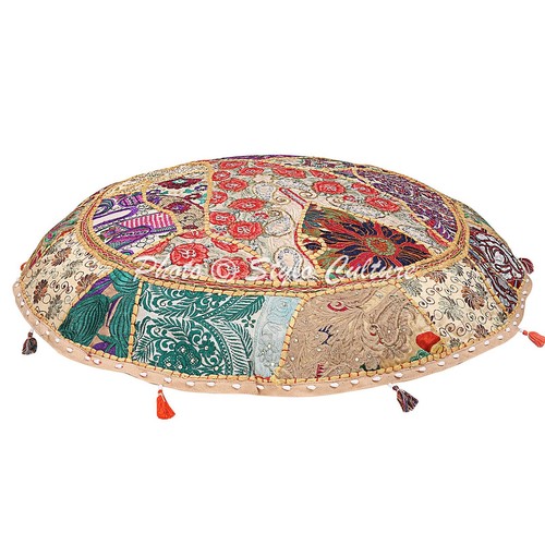 Beige Round Vintage Patchwork Floor Cushion Pouf Cushion Cover 32 in Home Décor - Picture 2 of 6
