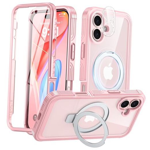 Magnetic Stand for Case [Fit for MagSafe], Real 360° Full iPhone 16 Pink/Clear