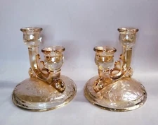2 Jeannette Glass Louisa Double Candle Candlestick Holders Iridescent Gold