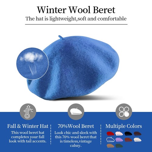 French Beret Hat Wool Blend Artist Beret Hat Solid Color Classic Beret Cap fo... - Picture 3 of 8